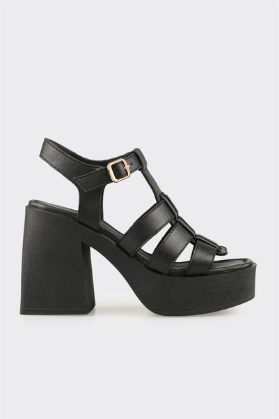 Black Leather Women's Heeled Sandals