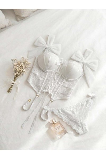 Bow lace premium bustier garter set white