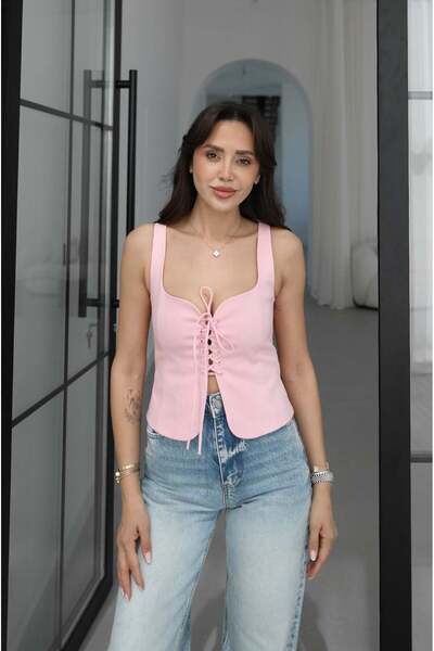 Powder Pink Heart Collar Tie-Front Blouse