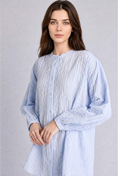 Relax Fit туника со долги ракави, тркалезен изрез и вафл текстура, светлосина D4145AX26SM