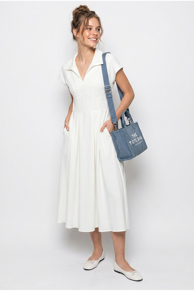 Women's White Polo Collar Pocket Short Sleeve Combed Cotton Midi Dress 4129 60286352