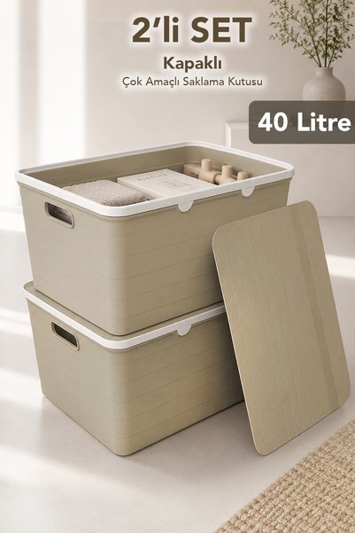 2-Piece Decorative Storage Box - Bathroom Kitchen Organizer with Lid, In-Cabinet Organizer 40Lt Beige