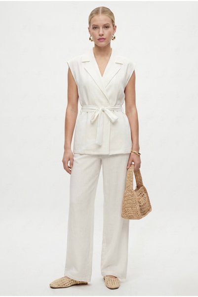 Women's Arlo Double-Breasted Vest, Elastic Waist Trousers, Woven Ecru Bottom-Top Set
