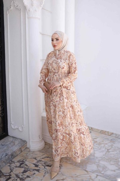 Beige Half-Buttoned Layered Dress with Elastic Sleeves