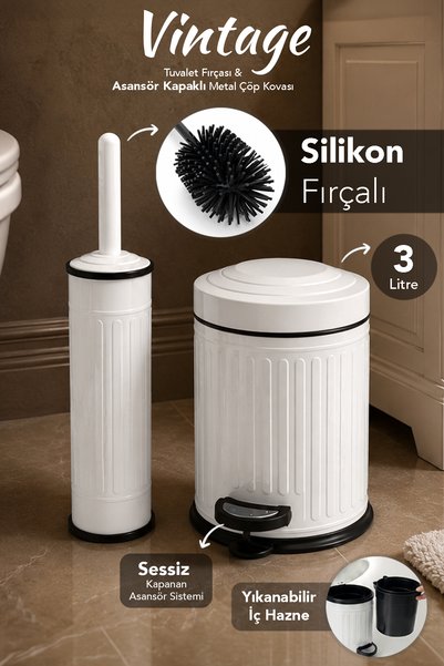2-Piece Vintage Bathroom Set - Pedal Metal Trash Can with Inner Container and Silicone Tip Bath Brush 3L White