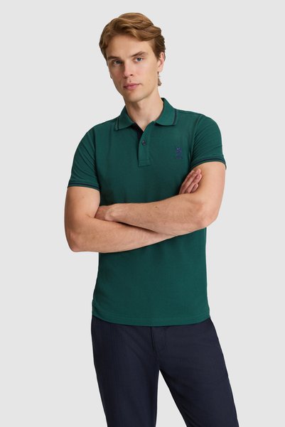 Men's Dark Green Slim Fit Polo Collar Basic T-Shirt 50326975-Vr079