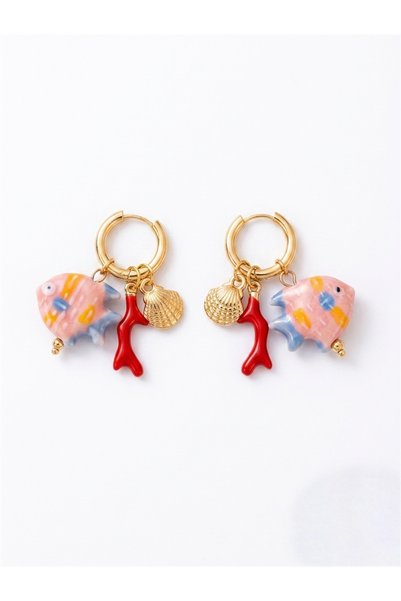 Coral Color Fish Figured and Seashell Hoop Earrings