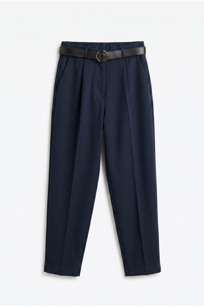 Women's Slim Leg Elastic Waist Pleated Belted Carrot Cut Fabric Pants EL-9041