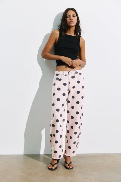 Polka Dot Patterned Barrel Jeans