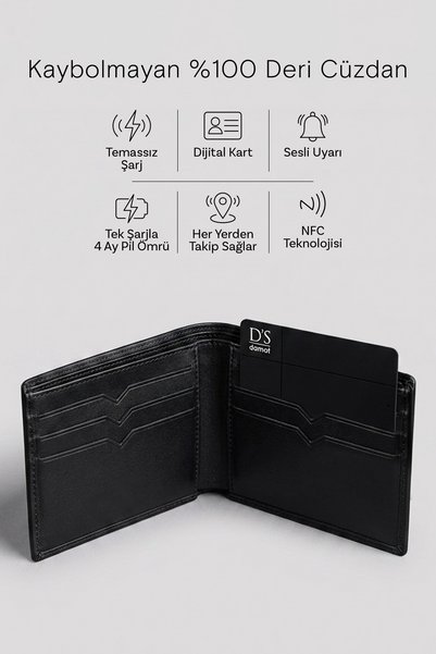Ds Damat Black Boxed Genuine Leather Anti-Lost Wallet with Smart Tracking Device