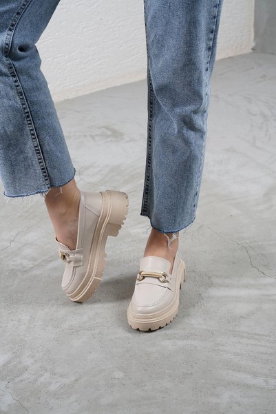Women's Beige Leather Banded Gc Thick Sole Loafer Moccasin Shoes 4.5cm Byndlfrk02