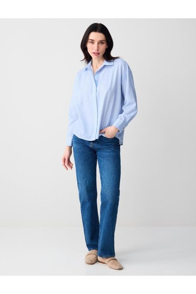 Blue Stripe Patterned Stone Printed Woven Shirt
