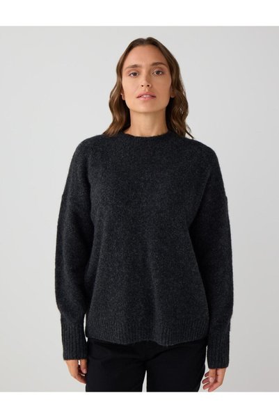 Anthracite Long Sleeve Crew Neck Wool Blend Knit Sweater