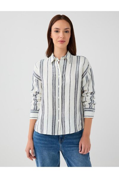 Indigo Blue 100% Linen Relaxed Fit Striped Linen Shirt