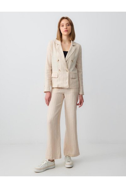 Stone 100% Linen Relaxed Cut High Waist Loose Wide Leg Striped Trousers