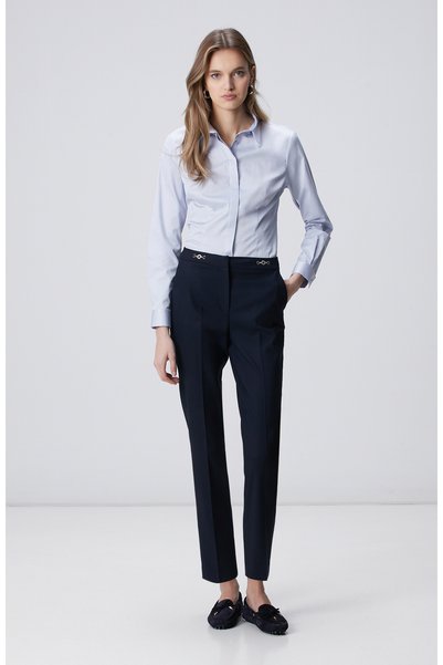 Navy Blue Basic Trousers with Metal Accessories at the Waist