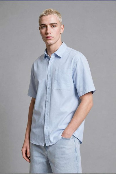 100% Cotton Boxy Fit Printed Gabardine Short Sleeve Light Blue Shirt I3053Ax26Hs