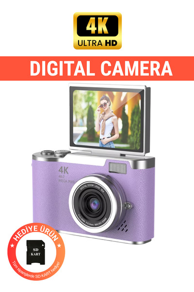 LK-007 4K UHD 48 MP дигитална камера 18X зум блиц 32 GB SD картичка со 180° флип екран за патување и влог ретро