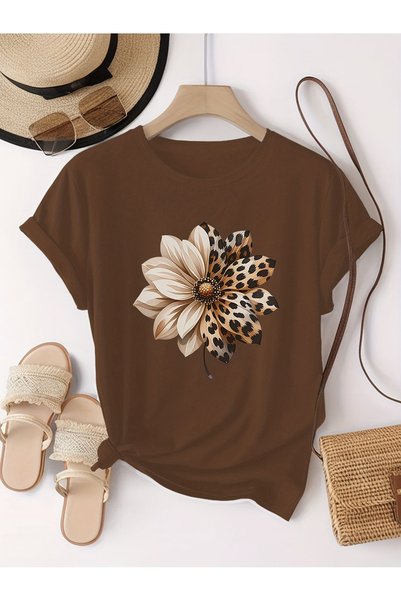 Unisex Leopard Patterned Daisy Printed Design Tshirt
