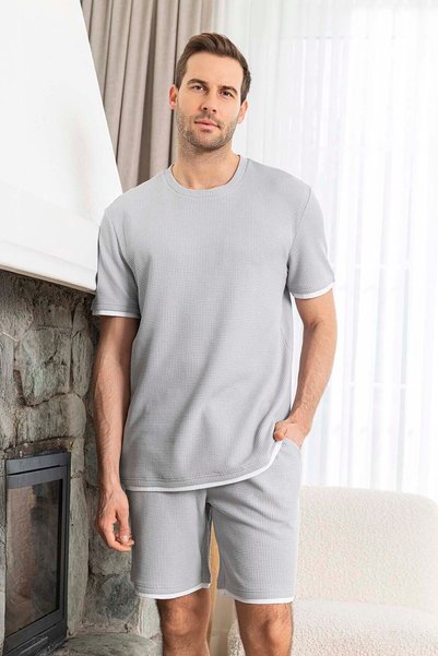 Men's Short Sleeve Shorts Piping Detail Waffle Fabric Pajama Set 260103 Light Gray