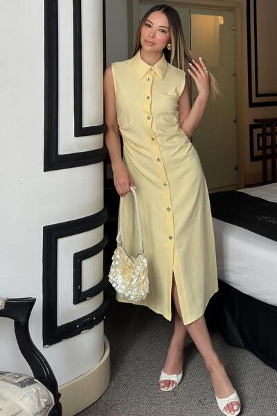 Yellow Vio Polo Collar Zero Sleeve Waist Draped Buttoned Women's Midi Dress