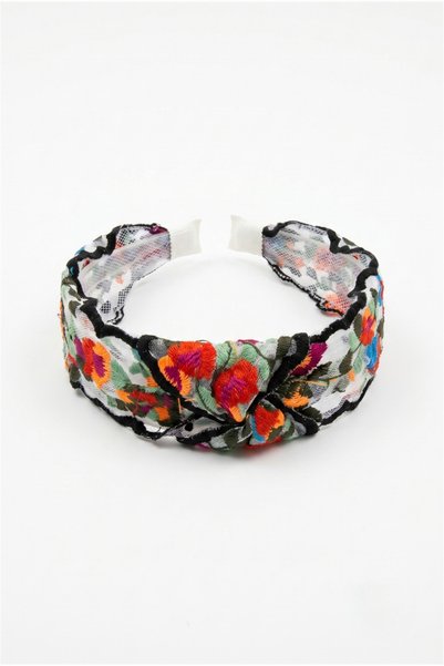 Black Piping Colorful Floral Embroidered Tulle Hairband