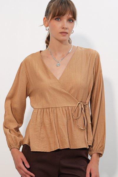Women's Side-Tie Long Sleeve Blouse 996 - Biscuit