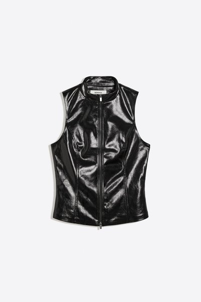 Faux leather mock neck sleeveless top