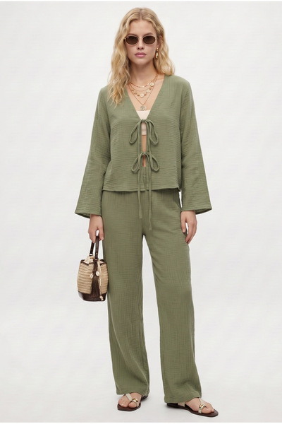 Women's Katty 100% Cotton Tie-Waist Elastic Waist Muslin Bottom Top Khaki Set