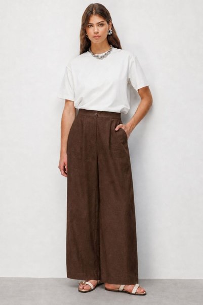 Brown Linen Textured Single Button Wide Leg Brown Trousers