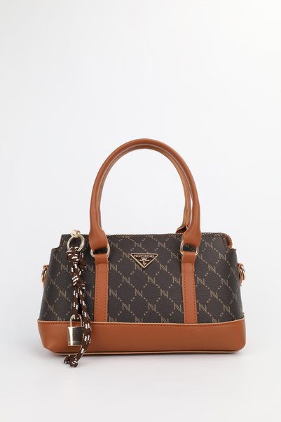 Women's Monogram Brown Leather Lock Charm Detailed Hand Shoulder and Crossbody Bag Elena