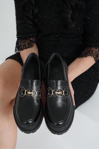 Women's Black Leather New Gc Thick Sole Loafer Moccasin Shoes 4,5cm Byndlfrk02