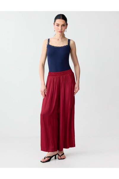 Burgundy High Waist Wide Leg Satin Long Woven Trousers