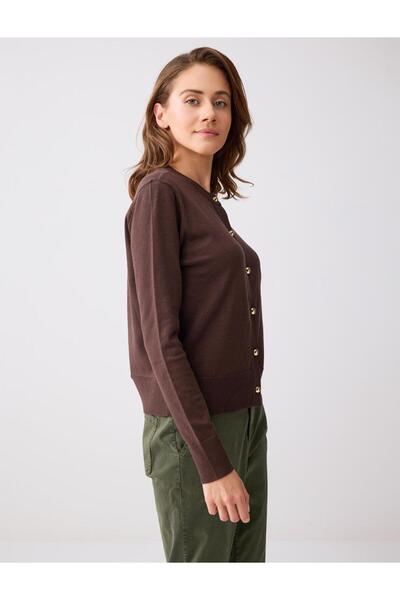 Brown Round Neck Long Sleeve Button Detailed Knitwear Cardigan