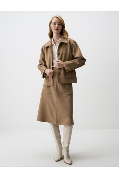 Beige Relaxed Fit Knitted Velvet Midi Skirt