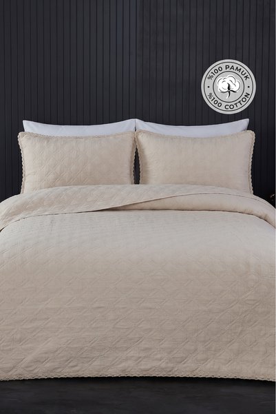 100% Cotton Double Pique Set Special Stone Washed Bedspread Barbara 3 Piece Luxury Soft Beige