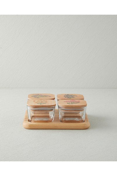Ricco Glass Wooden Lid 4 Compartment Breakfast Set 21x21 cm Colorful