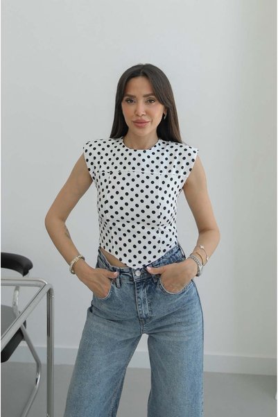White Polka Dot Blouse with Zipper on the Back