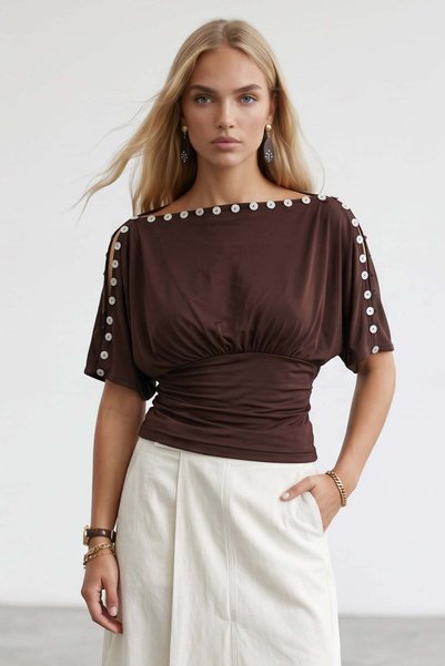 Women's coffee boat neck buttoned sandy blouse alc-x15536