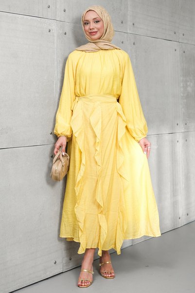 Mustard Color Balloon Sleeve Dress with Skirt