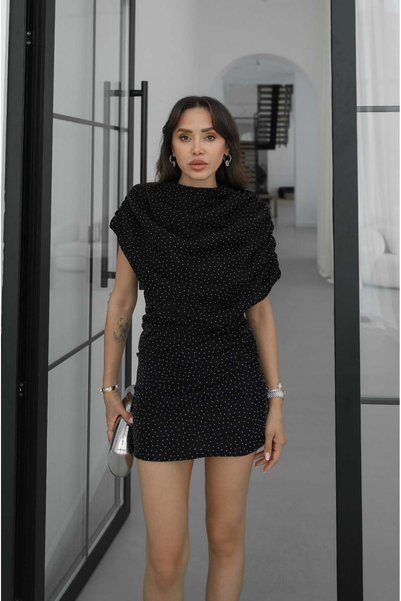 Black Stone Embellished Draped Dress