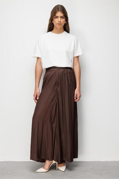 Satin Brown Trouser Skirt with Ruffle Detail
