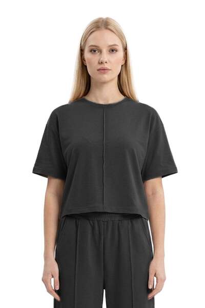 Premium - Sway Collection |   Black Modal Crew Neck T-Shirt with Ribbed Stitching Detail