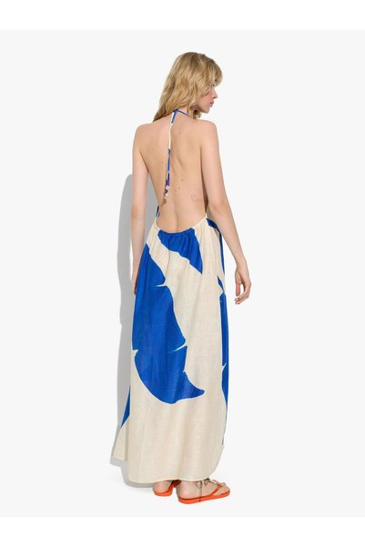 Women's Patterned 100% Linen Halter Neck Dress