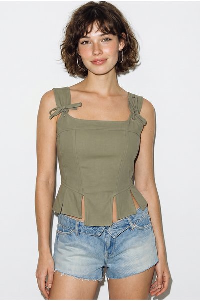 Women's Dark Khaki Rope Detailed Corset Woven Blouse 4218 60286375