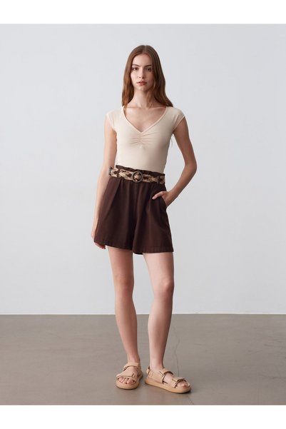 72707 Knitted Belted Mini Shorts-Brown