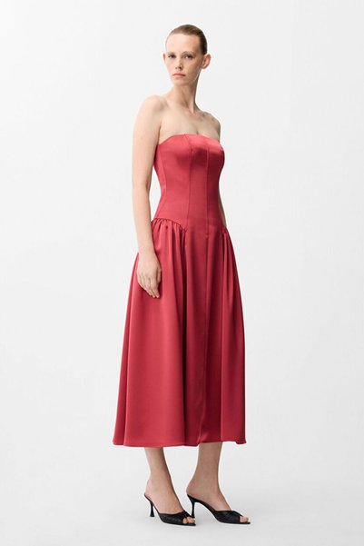 Gathered Detail Satin Strapless Dress