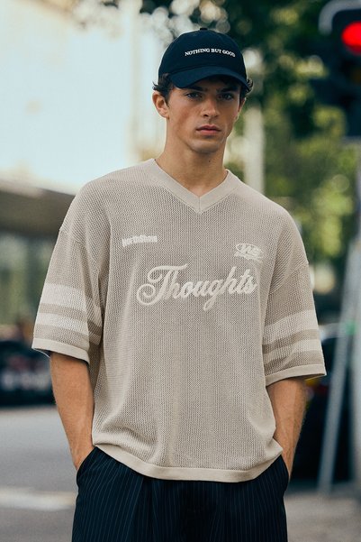 Embroidered Mesh V-Neck T-Shirt