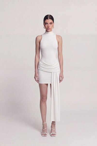 Backless Skirt Draped Mini Daisy Dress White