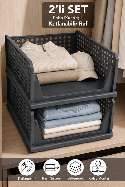 2-Piece Folding Organizer - Multi-Purpose Clothing Storage, Foldable Shelf Organizer for Inside the Wardrobe, Anthracite